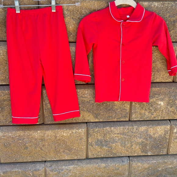 RED WITH WHITE PIPING CHRISTMAS PAJAMAS - Picture 1 of 6